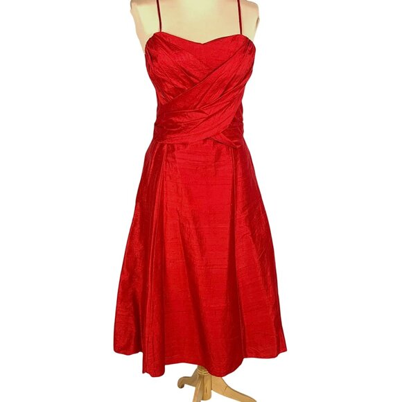 Watters & Watters Red Silk Midi Bridesmaid Dress 10 Strapless/Convertible Pleat - Picture 2 of 16